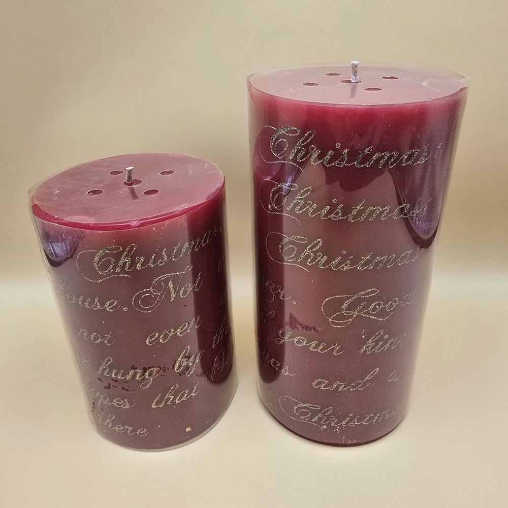 Hobby Lobby Christmas Pillar Candles Set 2 Burgundy Red Silver Glitter Unscented